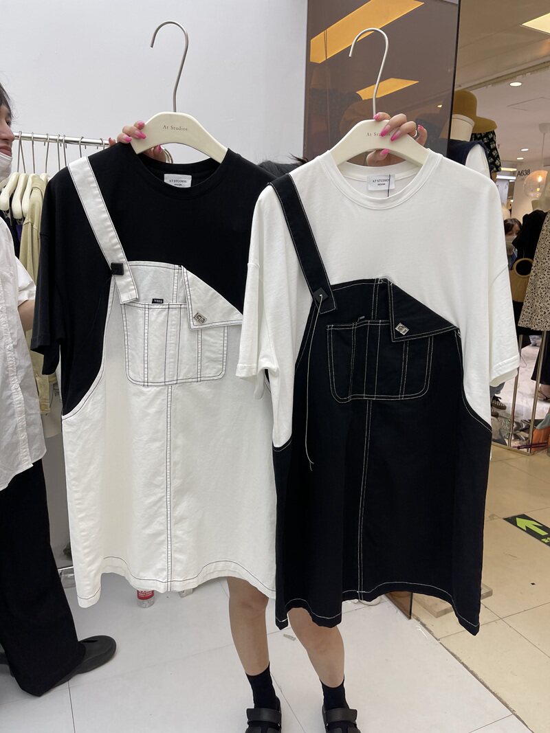 Transfer Season Halal Barn Summer AT Han Edition Loose Casual Design Sensation Small Crowdstitch Fake two T-shirt braces Libra dress-Taobao