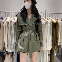 South Koreas Dongdaemun 2022 autumn retro fashion all-match temperament suit collar long-sleeved leather jacket womens windbreaker trend