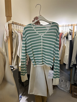 moxi coloured stripes knitting sweater 2023 Han edition lazy wind loose V - collar coat