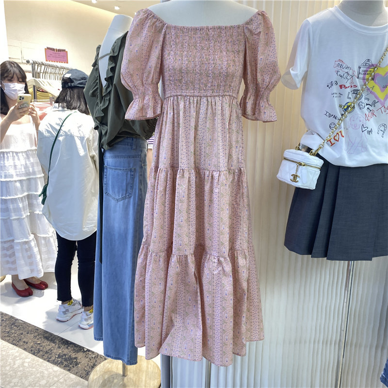 AK Korean version 2022 summer new short-sleeved wrap chest one-shoulder folded floral dress cake texture long skirt tide