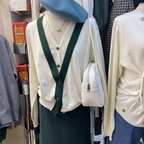 2021 autumn new South Korea Dongdaemun fashion casual temperament contrast color V-neck long-sleeved knitted cardigan womens top