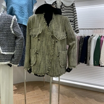 South Koreas Dongdaemun 2022 autumn and winter French retro tweed wool knitted beard edge small fragrance coat womens tide