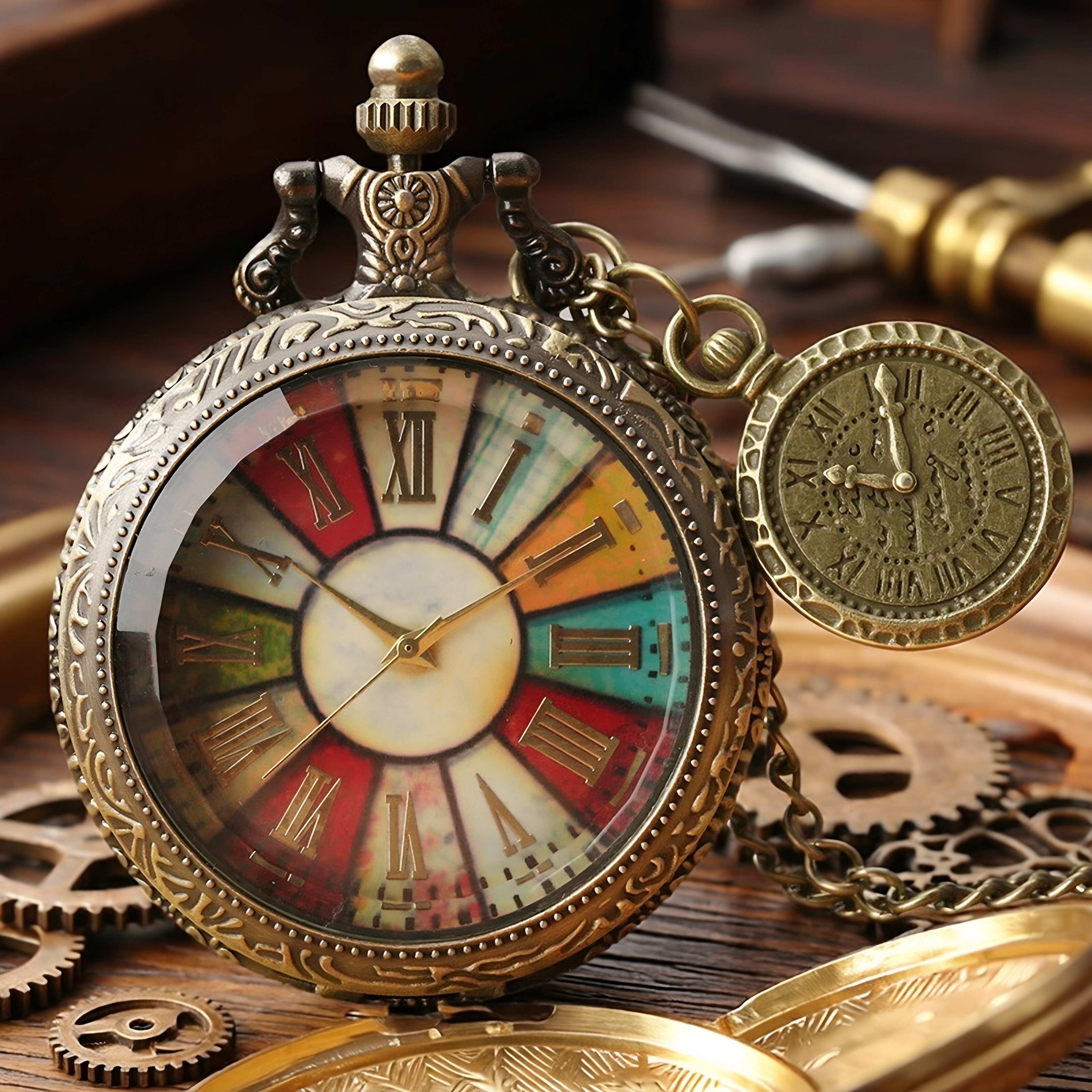 レトロな英国スタイルのカラフルなローマ数字文字盤とローマ数字のアクセサリーを備えたフリップトップ式クォーツ懐中時計、学生向けの男女兼用ネックレスペンダントウォッチ