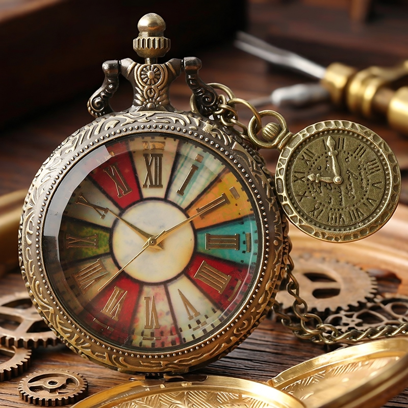Retro British Colorful Roman Dial + Roman Accessories Flip-Top Quartz Large Pocket Watch Student Unisex Necklace Small Pocket Watch