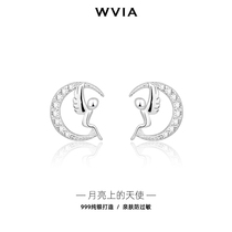 999 sterling silver niche design sense Angel studs female small exquisite mini earrings ins Wind raising ear hole silver ear ornaments