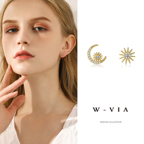 Star moon earrings female sterling silver series asymmetric diamond earrings Korean temperament cold wind Net red ear jewelry