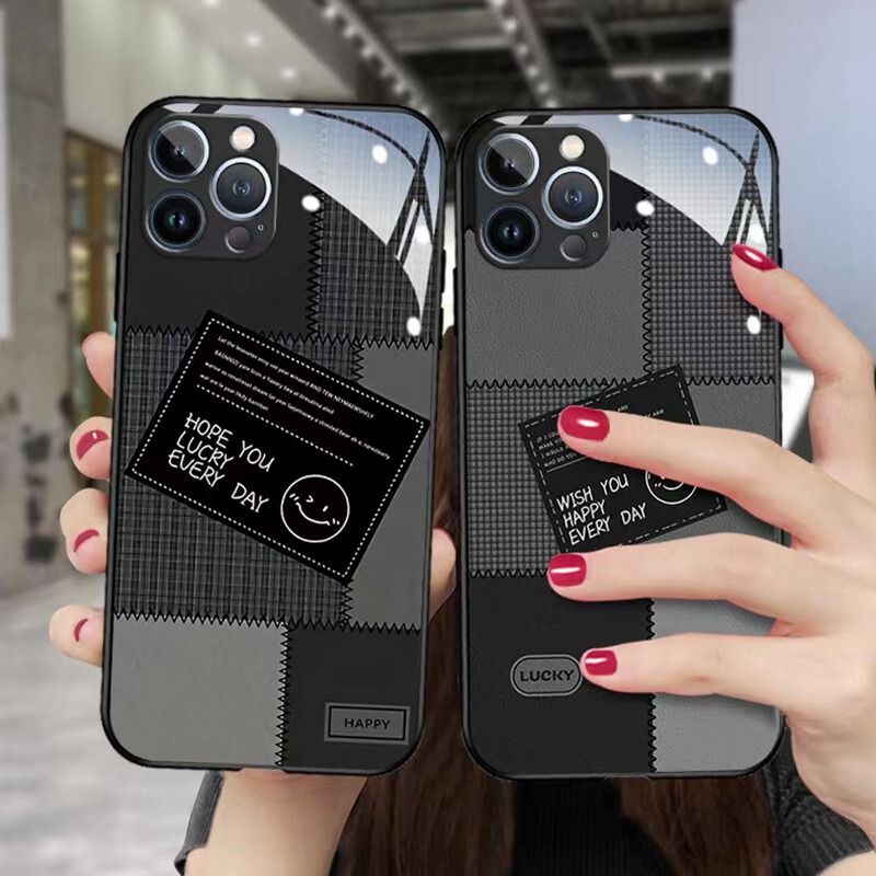 Plaid Stitching Smiley Face Suitable for Iphone17Promax Apple 16 Mobile Phone Case 13 New Style 15 Men and Women Creative Trendy Brand 11 High-End Xr Ultra-Thin Glass Xsmax All-Inclusive Anti-Fall 7/8Plus