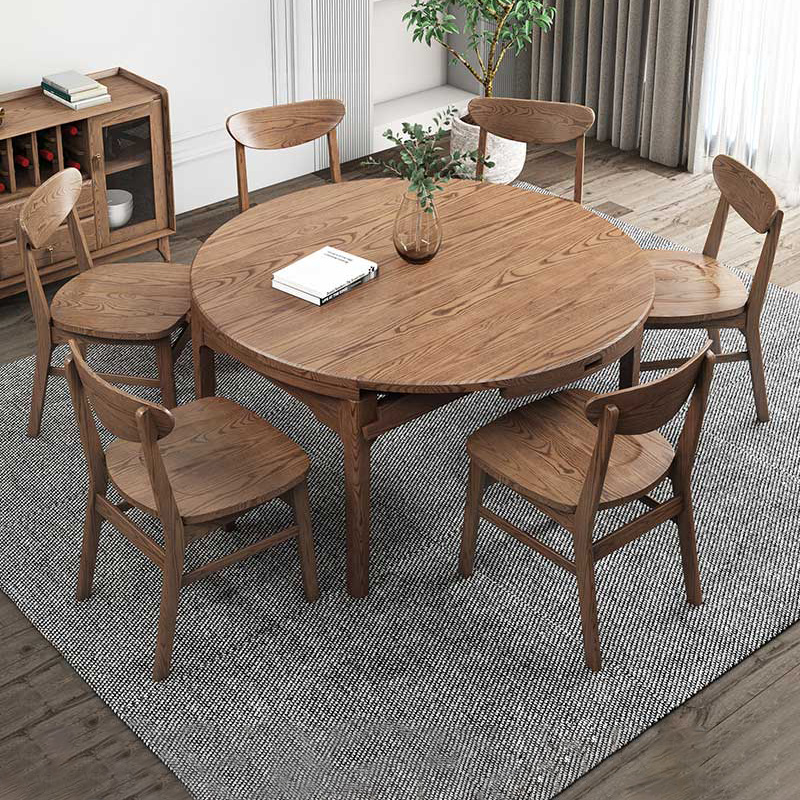 Nordic White Wax Wood Full Solid Wood Table Multifunction Home Folding Telescopic Roundtable Modern Minima Dining Table And Chairs Combination