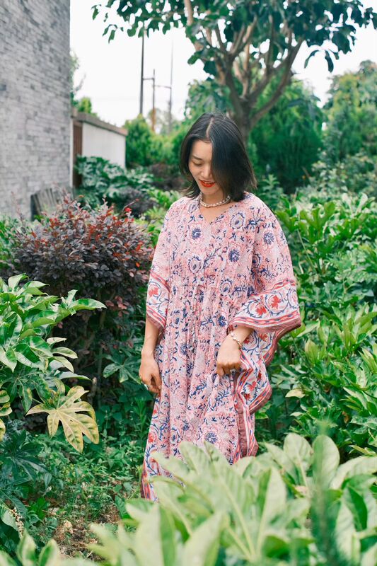 Indian Imported Pure Cotton Hand-Printed Kaftan Dress (Skirt Length 130)