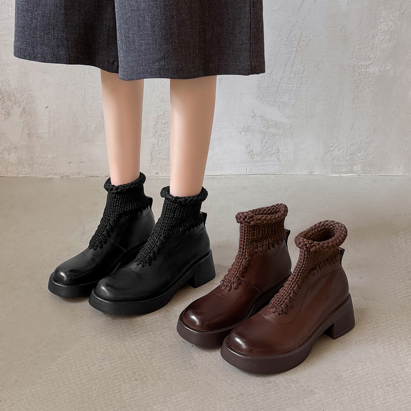 British Style Knitted Wool Patchwork Sock Boots for Women, Autumn and Winter Thick-Soled Chunky Heel Height-Increasing Genuine Leather Round-Toe Ankle Boots