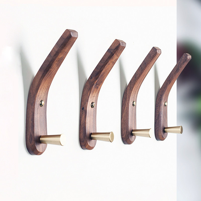 Solid wood clothes hook entry door porch wall hook wall hanging wall creative Nordic brass wooden hanger