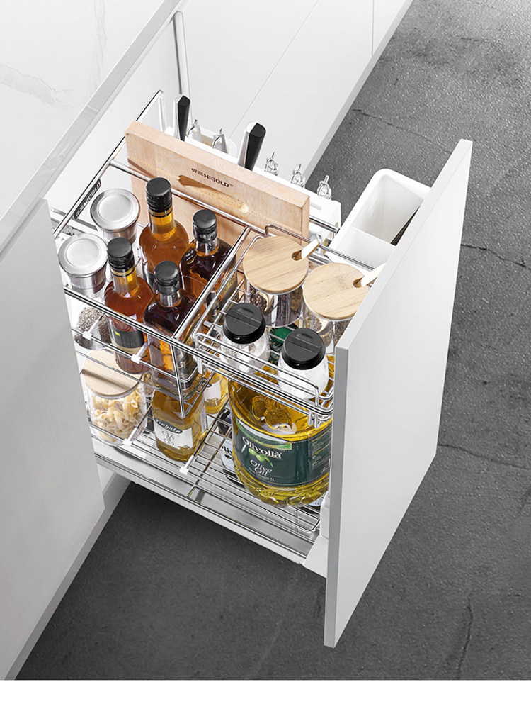 HIGOLD kitchen cabinet pull basket 304 stainless steel large oil barrel condiment drawer pull basket damping