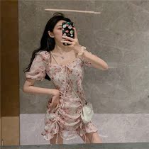 Lotus Leaf Side Crumbled Lace Dress Woman 2020 Summer New Temperament Collection Waist Display Slim Draw Rope Printed Snowspun Short Skirt