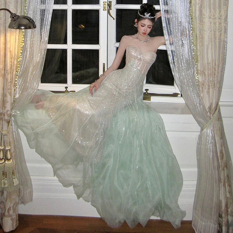 French-Style Evening Dress, New Summer Model on Douyin, Strapless, Elaborate, Sexy, Suitable for Hosting, Birthday, Coming-Of-Age Ceremony, Forest-Style Dress French-Style Evening Dress, New Summer Model on Douyin, Strapless, Elaborate, Sexy, Suitable for Hosting, Birthday, Coming-Of-Age Ceremony, Forest-Style Dress
