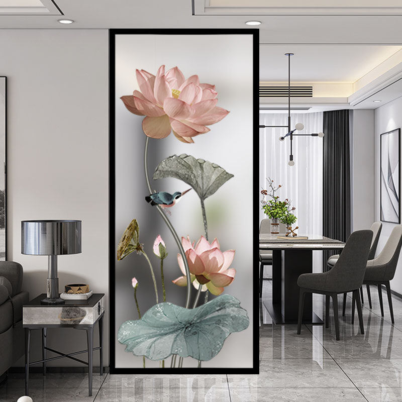 Art glass screen living room entrance bedroom toilet partition block double-sided frosted translucent new Chinese lotus flower diagram