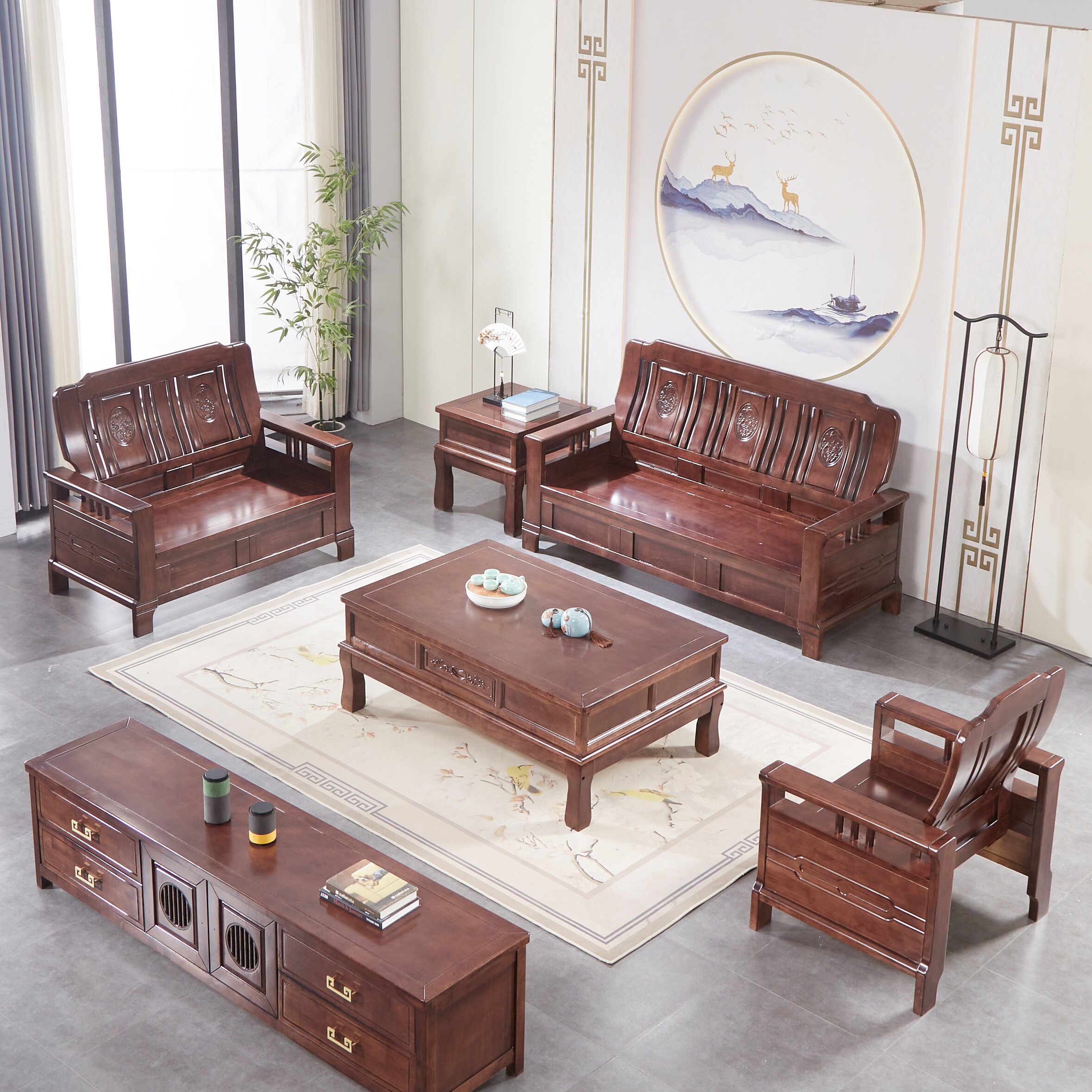 Chinese-style solid wood sofa combination rural living room economical winter and summer dual-use antique carved wooden oak furniture