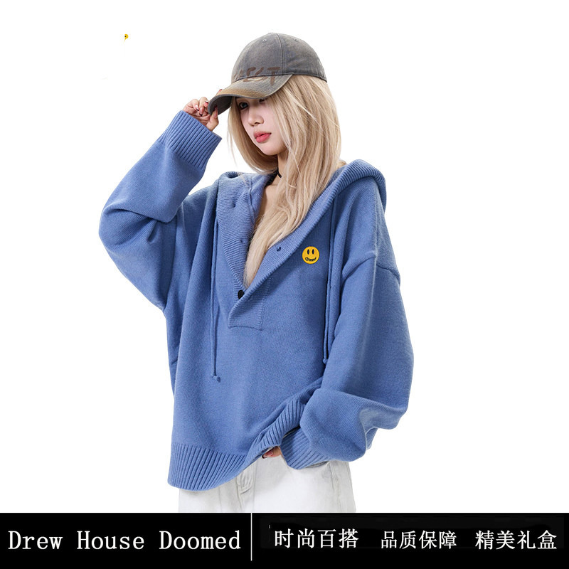 Drew House Doomed Smiley Face Autumn and Winter Half-Cardigan Button-Up Hooded Sweater Couple's Top Knitwear