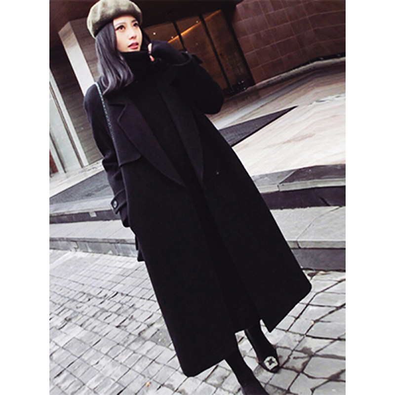 Black woolen coat women's autumn 2022 new temperament loose and thin small medium and long cashmere coat