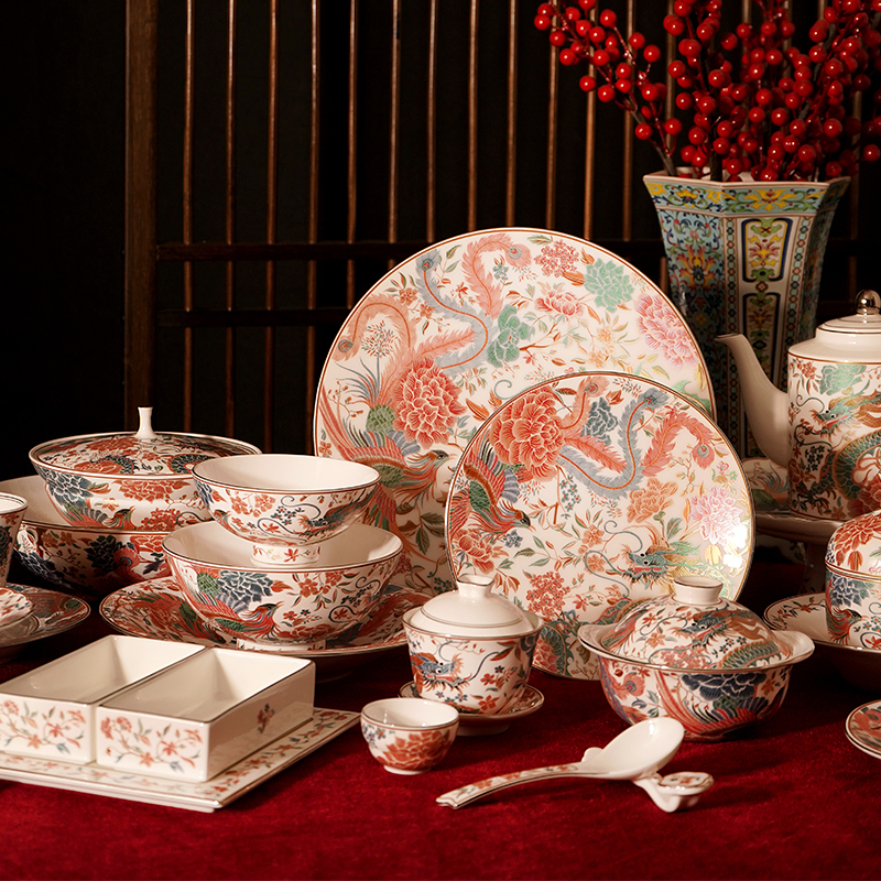 [Gaja Qiaochujia] Ceramic Tableware and Dishes Set Household Exquisite Bone China Bowl and Plate Set New Chinoiserie Tableware