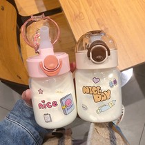 Straw cup Student water cup female cute portable adult high facial value Children small girl heart transparent glass