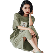 Nightgown for women summer with breast pad pure cotton short-sleeved T-shirt pajamas new long loose long skirt can be worn outside the dress
