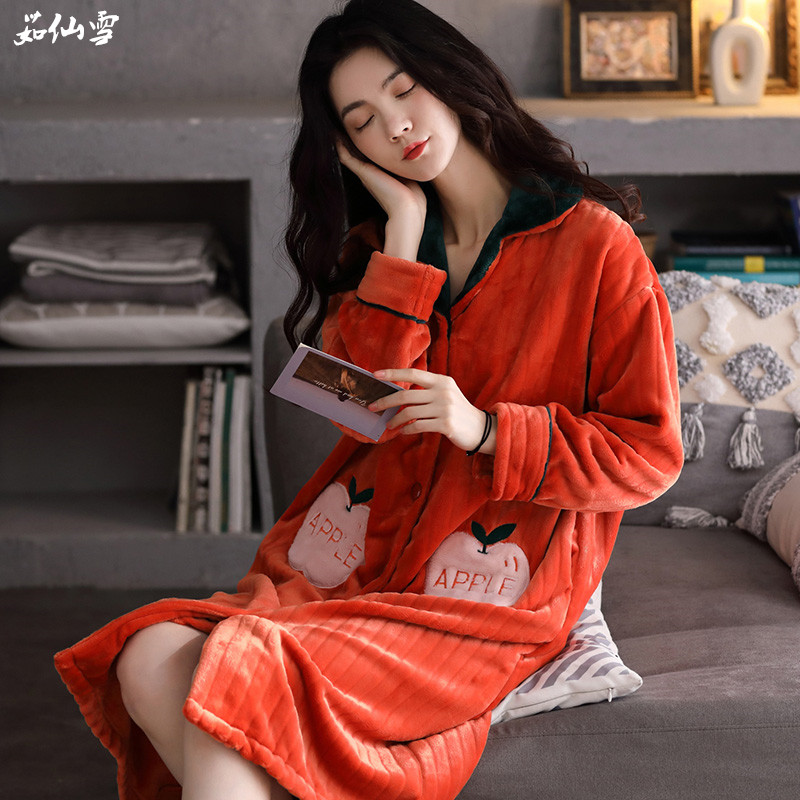 Sexy coral velvet night dress women's autumn and winter cardigan pajamas thickened flannel sweet and cute maternity nightgown large size