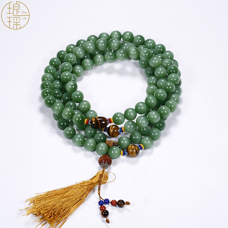Luang Yao Xinjiang and Tian Yuyuan Pearl Necklace Beyuyang Green Cat Eyes Men's 14mm Transshipment Everest Jade Chain Pearl Strings