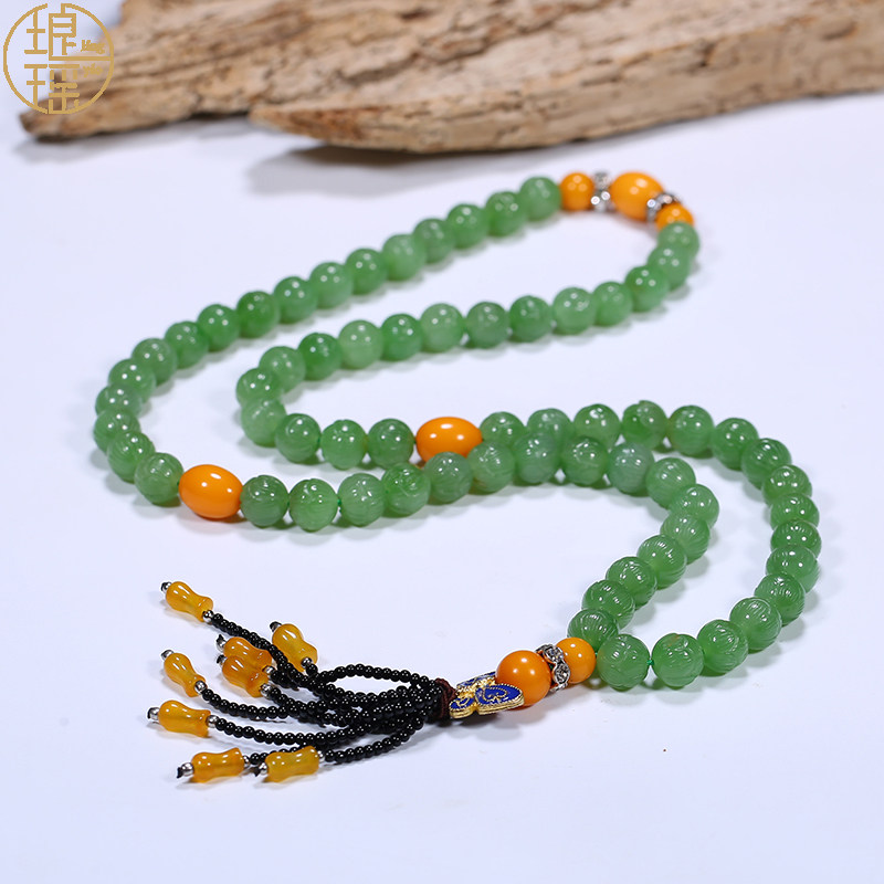 Luang Yao Xinjiang and Tian Yu necklace natural jade green lady with 9mm lotus pearl jade sweater chain