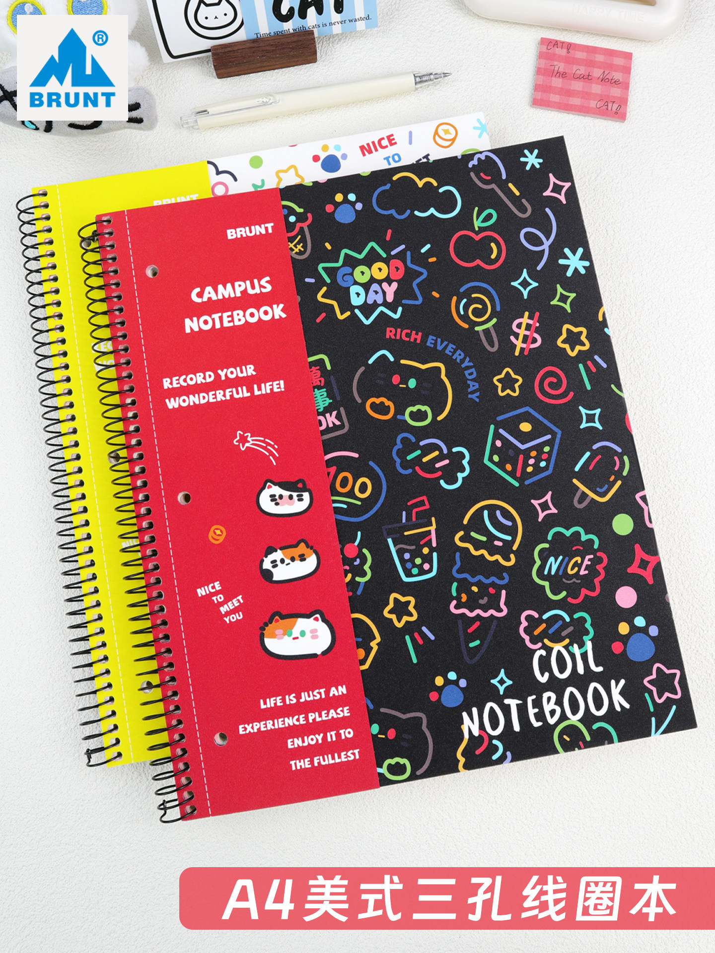 Mainstay Bring-In-The-Money Cat Commune Co-Branded American-Style Spiral Notebook A4 with Pocket, Three-Ring Binder Notebook with Divided Pages