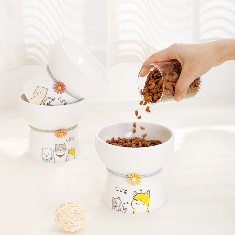 Cat Bowl Pet Bowl Ceramic Cat Basin Cute Drinking Water Cat Food Bowl Japan Style High Foot Neck Protection Puppy Bowl Anti Black Chin