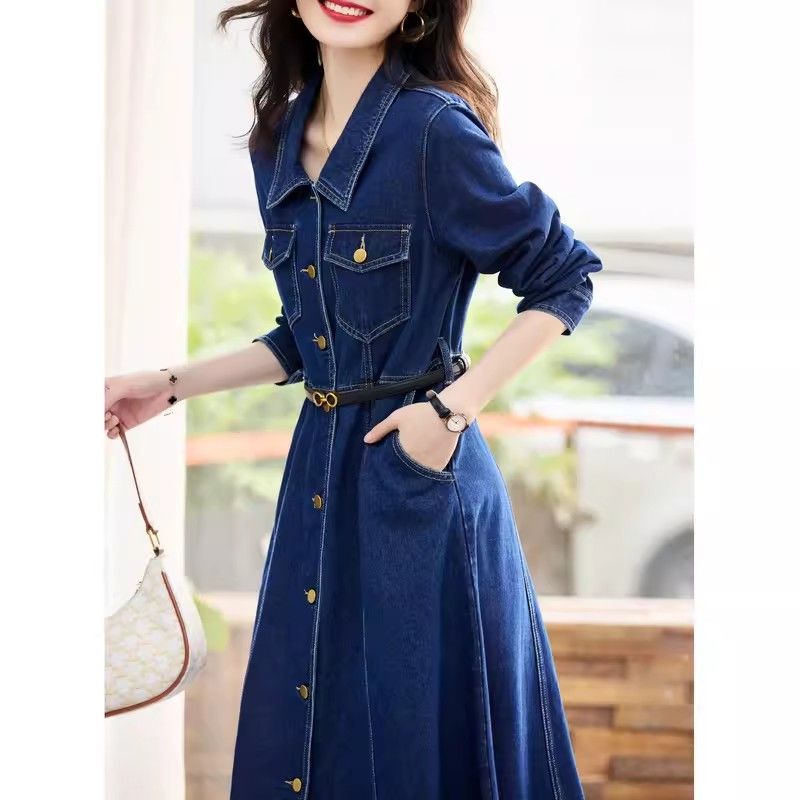 Lapel Denim Dress for Women, New Spring and Autumn Style, Retro Commuter Style, Elegant Waist-Cinching Slimming Denim Skirt with Pockets