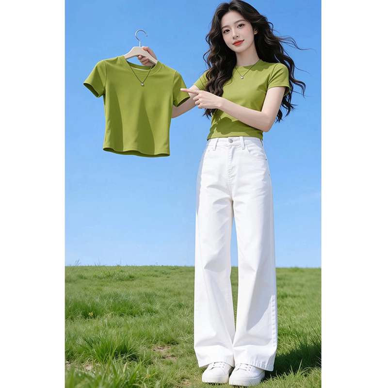 Dopamine Green Round Neck Short-Sleeved T-Shirt for Women, Summer Lazy Style, Cropped Casual Top for Petite Outfits
