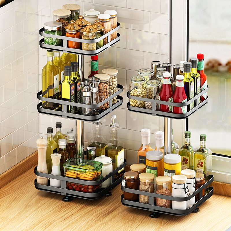 Beauty High Treasure Kitchen Conditioning Rack Can 360 ° Rotation countertop multilayer shelve condiment square triple black