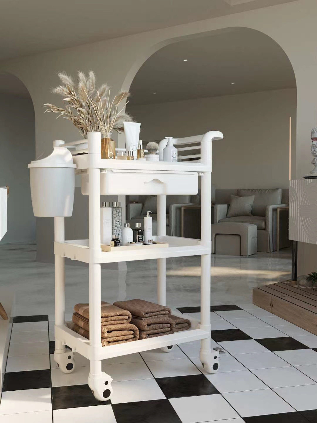 Japanese-style beauty car beauty salon dedicated hand-push multi-function tool car white trolley ABS shelf