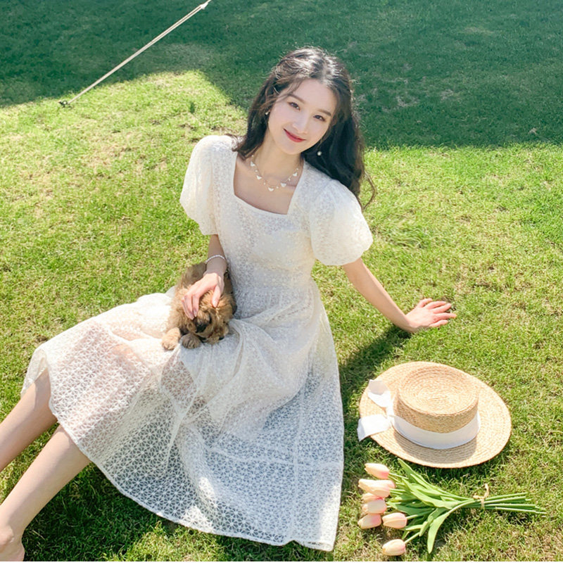 Super fairy sweet summer tea break French retro gentle wind puff sleeves first love dress 2021 new autumn