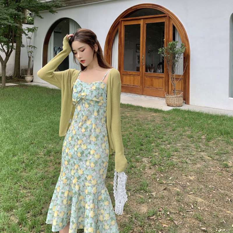2021 New Fall Tea Hysteria Style Retro First Love Harnesses Green Foreign Dress Children Two-piece Suit Summer