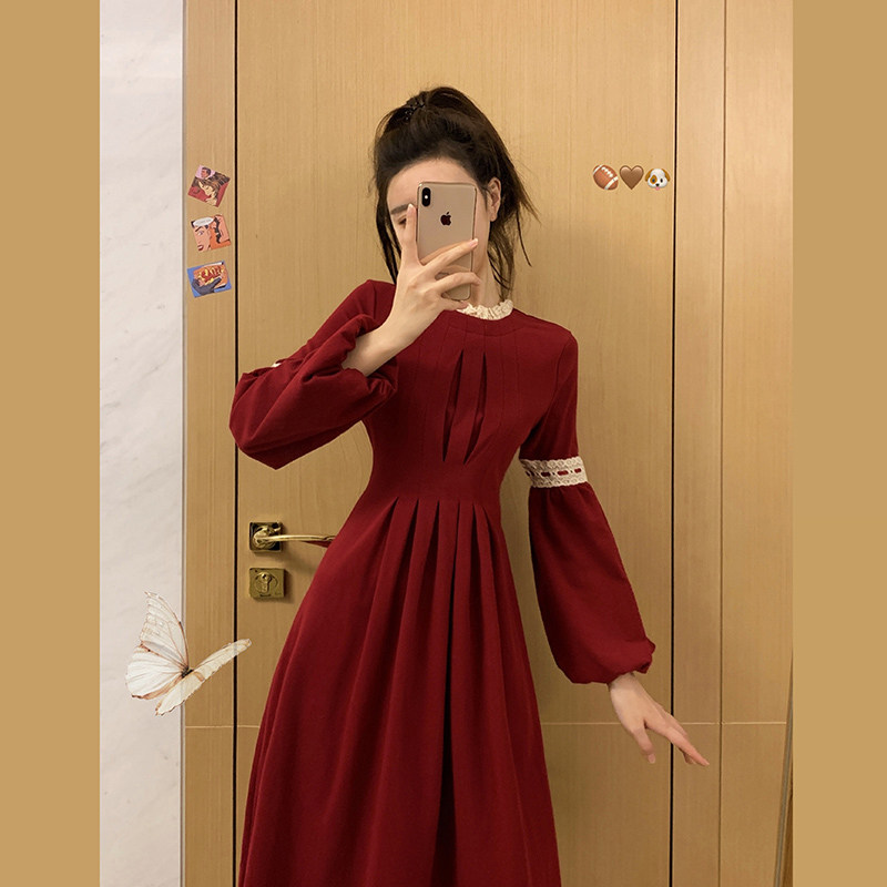 New French Knitted Sweater Christmas Red Annual Meeting Hepburn Wind Underplay Long Dress Children Autumn and Winter