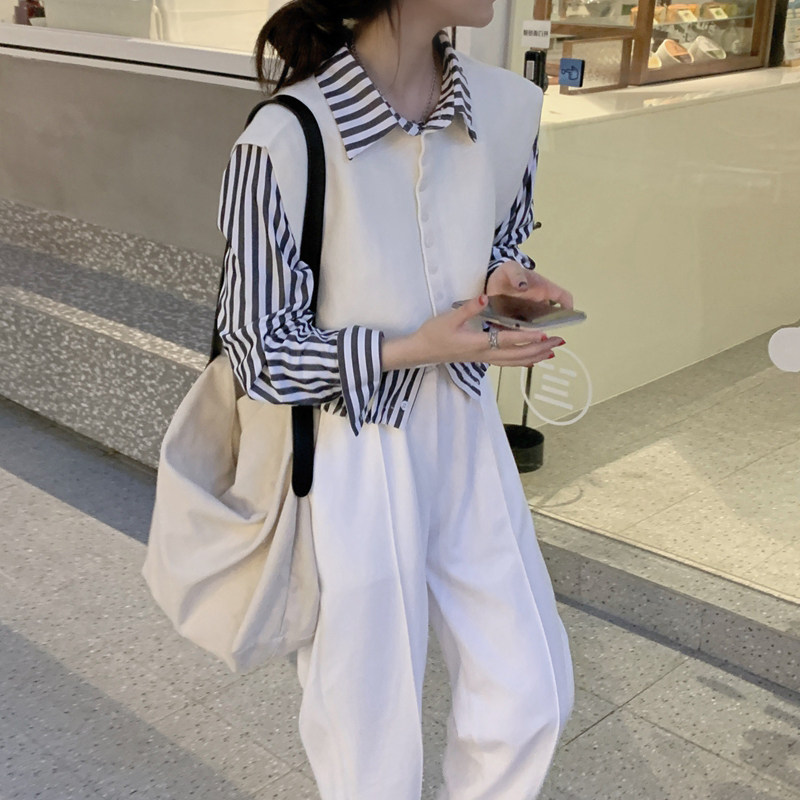 Goddess Fan temperament Ocean Broadlegged Pants Fried Street Fashion Heben Light Cooked Breeze Professional small fragrant wind two-style suit Women's autumn