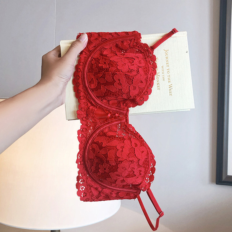 Red wedding bride lingerie woman ultra slim large breasted with small Ben life Rabbit Year Underwear Sexy Lace Bra Suit 