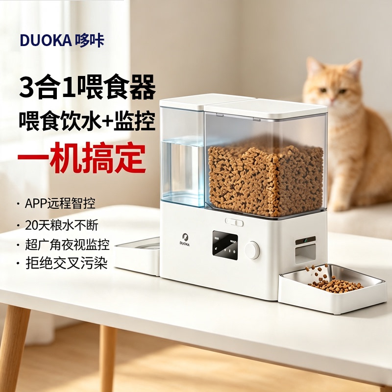 Duoka Automatic Feeder for Cats and Dogs, Pet Smart Feeding and Drinking Monitoring All-In-One Machine with Timed and Quantitative Feeding