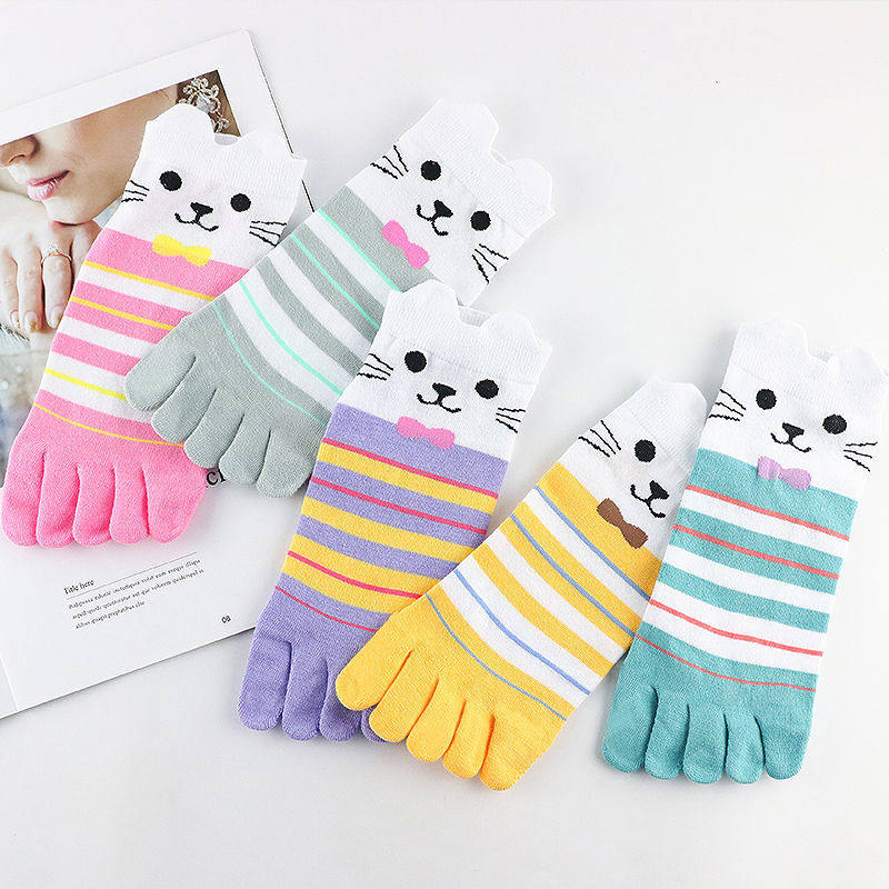 Small girls 5-fingers Sox 5 Double fit pure cotton Five fingers Sox woman short shallow mouth cuddly striped spring summer thin gas Breathable Sweat