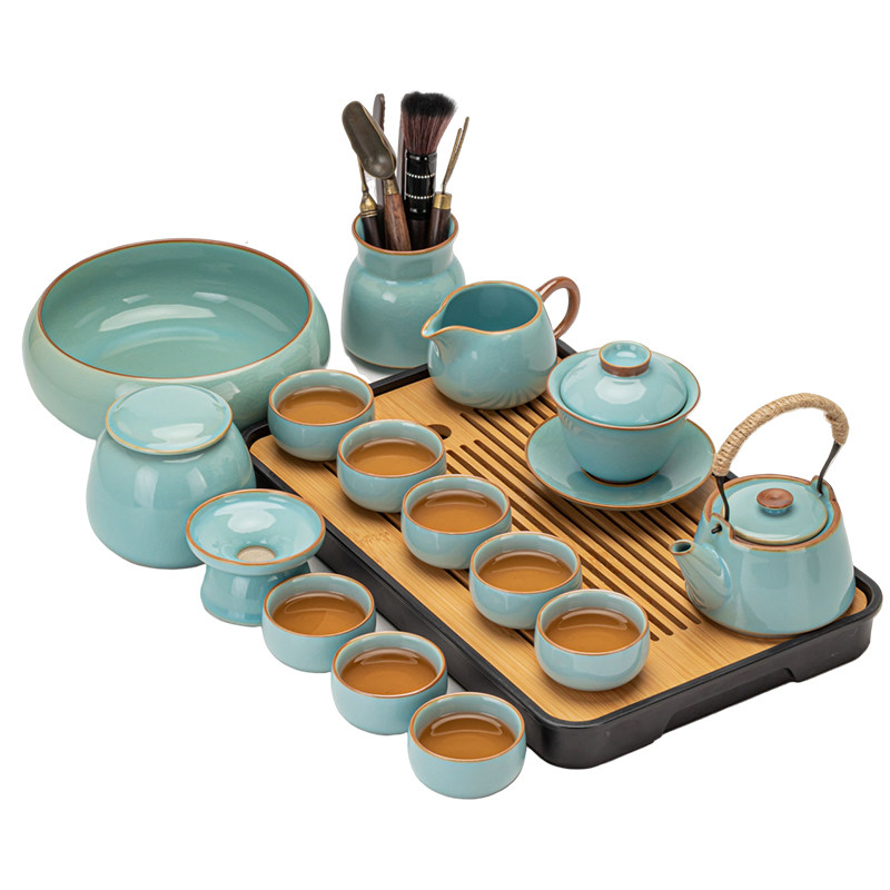 Tianqing Ru Kiln Kung Fu Tea Set Ceramic Chinese Teapot Gaiwan Tea Cup Tea Tray Light Luxury High-End Household Tea Drinking Set