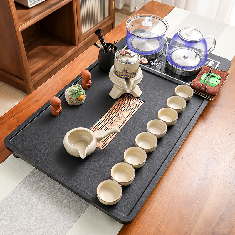 Complete Kung Fu Tea Set, Ru Kiln Ceramics, Household Four-In-One Glass Bottom Water Boiling Kettle, Tea Table, Tea Tray