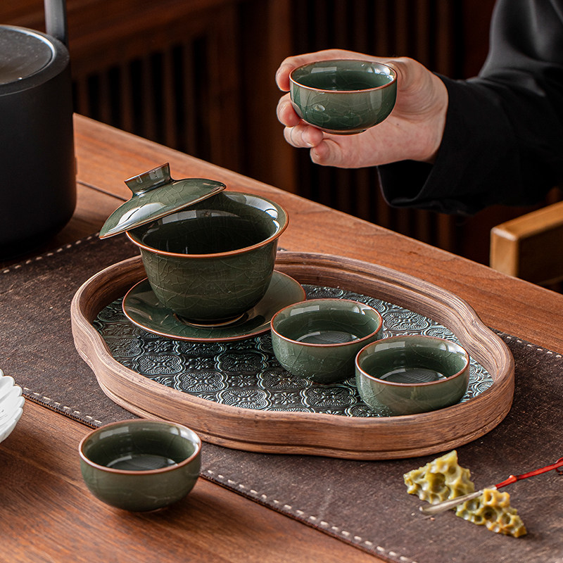 Ge Kiln Ice Crack Three-Piece Covered Bowl, High-End Ice Crack Large Household Tea Bowl with Lid, Non-Hot Tea Cup, Kung Fu Tea Set