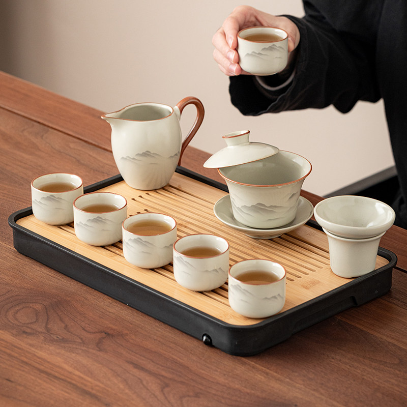 Wushan Ru Kiln Kung Fu Tea Set for Home Use 2025 New Model Office Tea Brewing Set with Gaiwan Teapot and Tea Cups