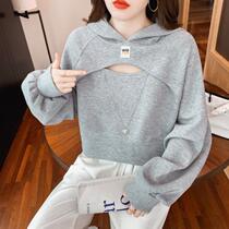 Spring and Autumn Short - Edition Korean Short - Ten bf lazy wind hood jacket female 15 year old high school student autumn sleeve hollow hollow hollow