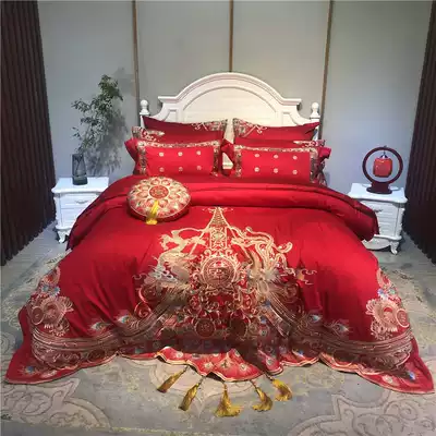 High-end wedding four-piece set Cotton pure cotton wedding Chinese embroidery satin bed sheet Big red quilt cover bedding