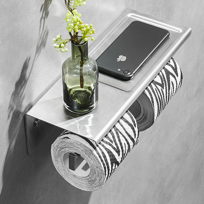 Toilet double tissue rack roll toilet paper 304 stainless steel for mobile phone storage toilet paper holder non-perforated dressing room tissue holder