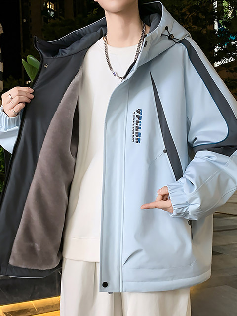 Thickened velvet jacket for boys and adolescents in autumn and winter American style patchwork hooded jacket boys workwear handsome style overcoming