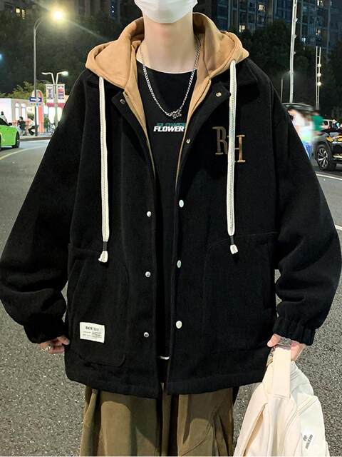 Corduroy jacket for male teenagers in autumn and winter hooded thickened quilted jacket for male high school students winter clothing two-padded jacket